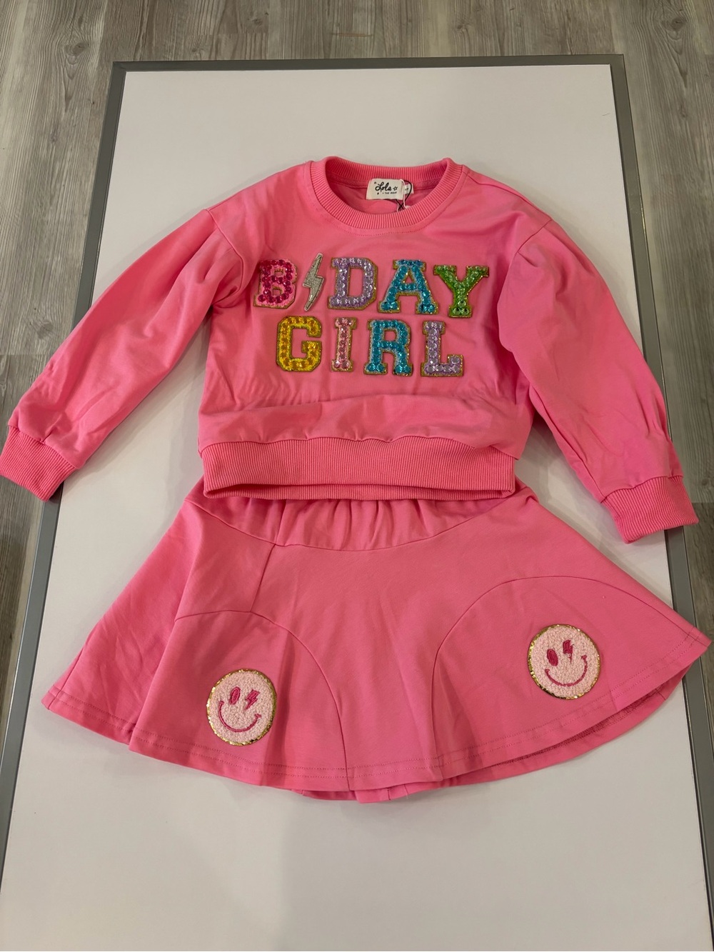 Lola + The Boys B Day Gurl Bright Pink Sequin Patch Sweatshirt skirt set